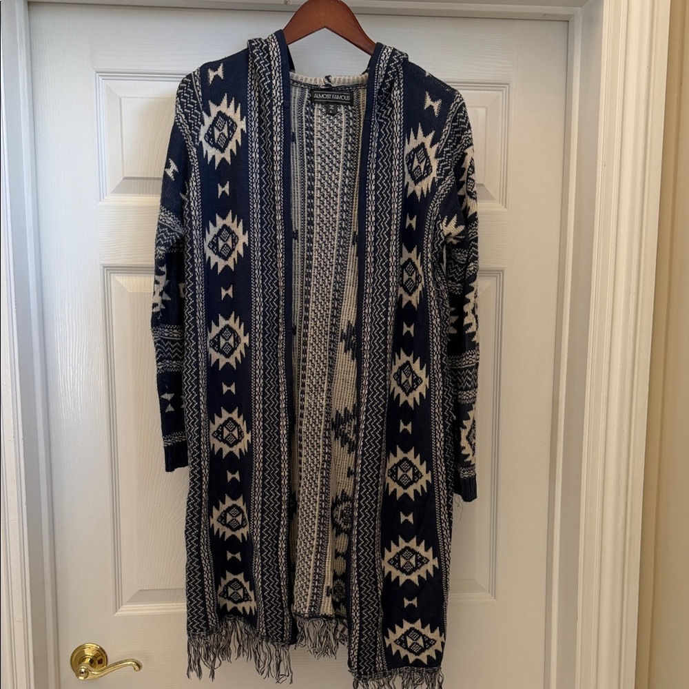 SOUTHWESTERN Almost Famous Hooded Duster L Fringe Western Boho Cardigan Tribal